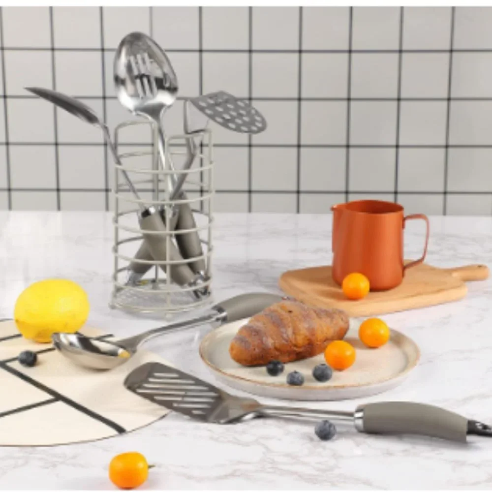 6 pc - Stainless Steel Kitchen Utensils w/ Holder / Non-Stick Silicone Handles
